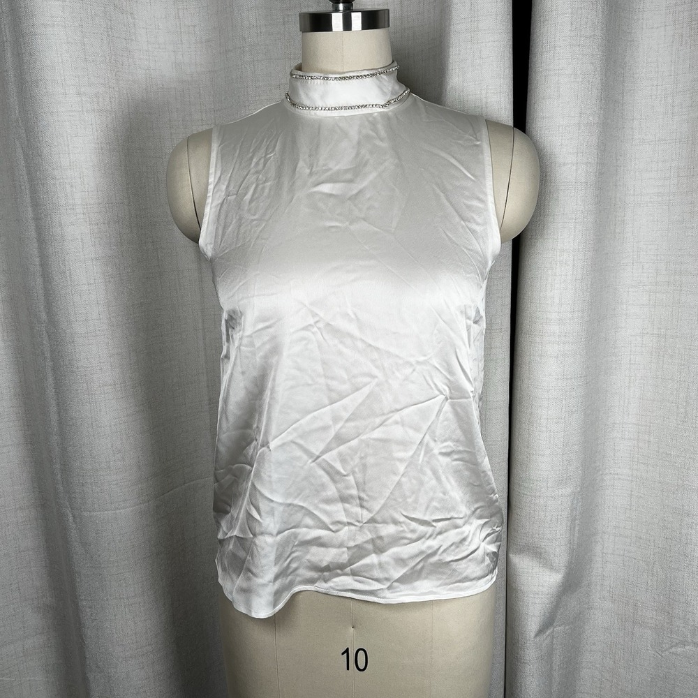 NEW!  Ann Taylor Sz XS Sleeveless Tank Top Jeweled Mock Neck Back Zip‎ Sheer